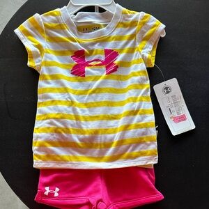 Under Armour Yellow & Hot Pink Striped Tee and Shorts Set